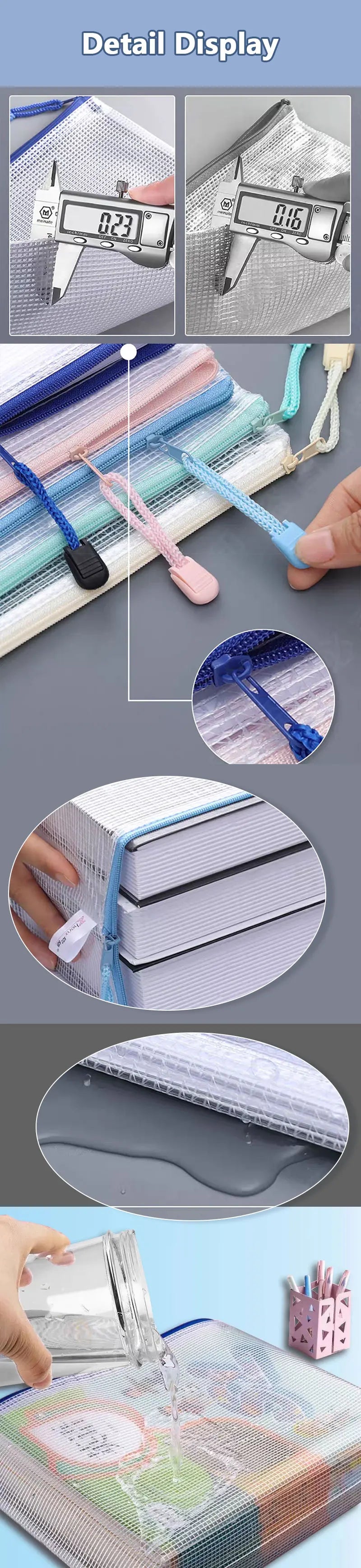 5PCS A3/A4/A5/A6 Mesh Zipper Pouch Document Bag Waterproof Zip File Folders Pencil Case Storage Bags School Office Supplies