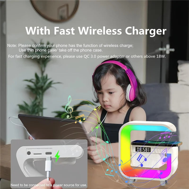 FM TF Bluetooth Speaker Phone Wireless Charger RGB Light for iPhone 16~12 Samsung Xiaomi Fast Charging Home Portable Speakers