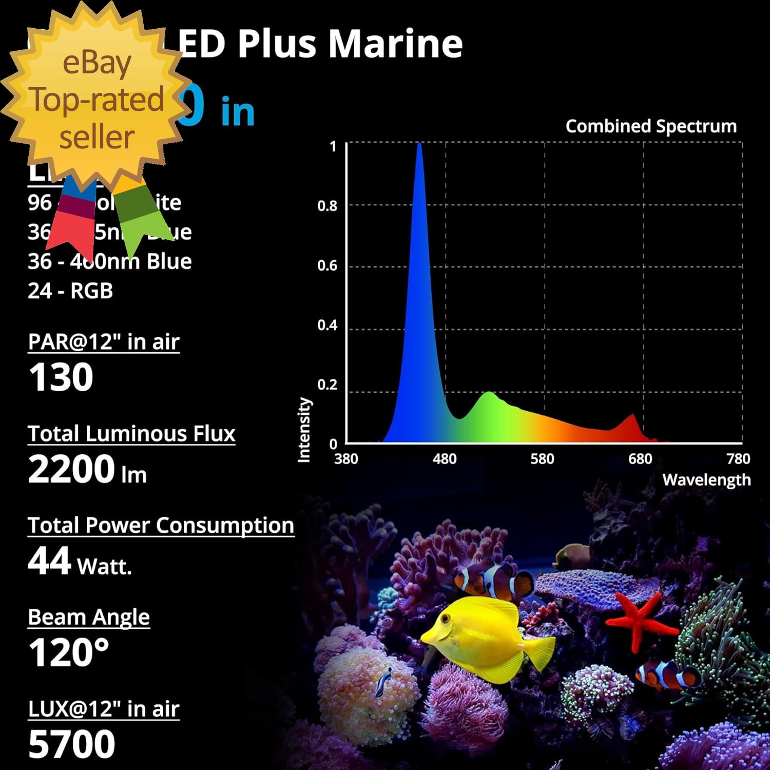 48W Saltwater Aquarium Light, Marine LED Reef Light for Corals, Programmable